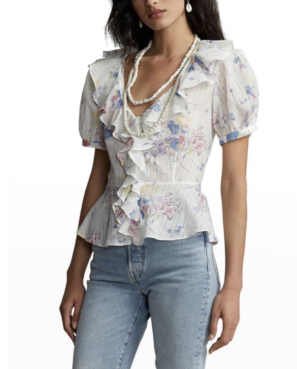 Polo Ralph Lauren Women's White Floral V-Neck Puff Sleeve Peplum Blouse Size 14